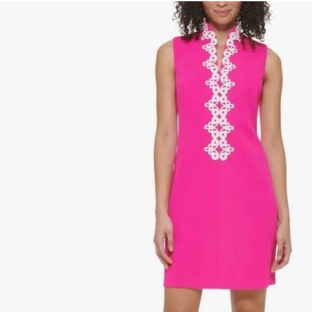 Vince Camuto size 6 hot pink sheath dress with White embroidery